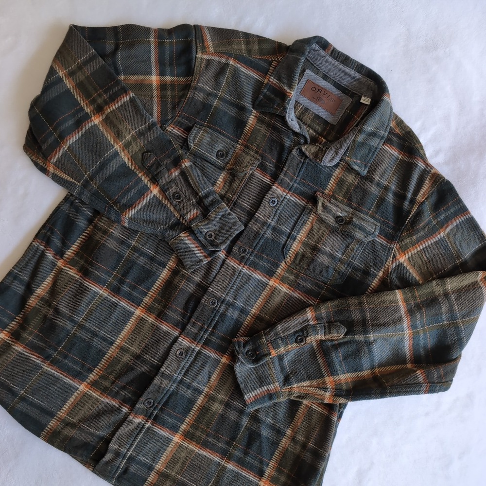 Orvis Big Bear Flannel Shirt Mens XL Green Plaid Corduroy Heavyweight Shacket